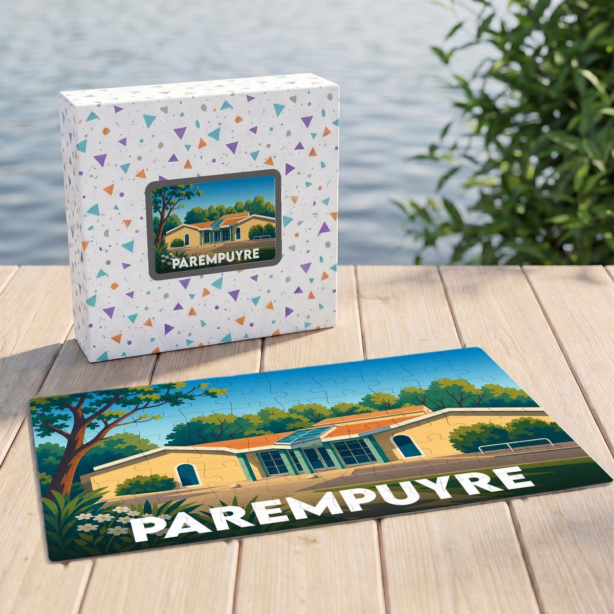 Puzzle souvenir de la ville de Parempuyre avec une illustration colorée d'un bâtiment emblématique.