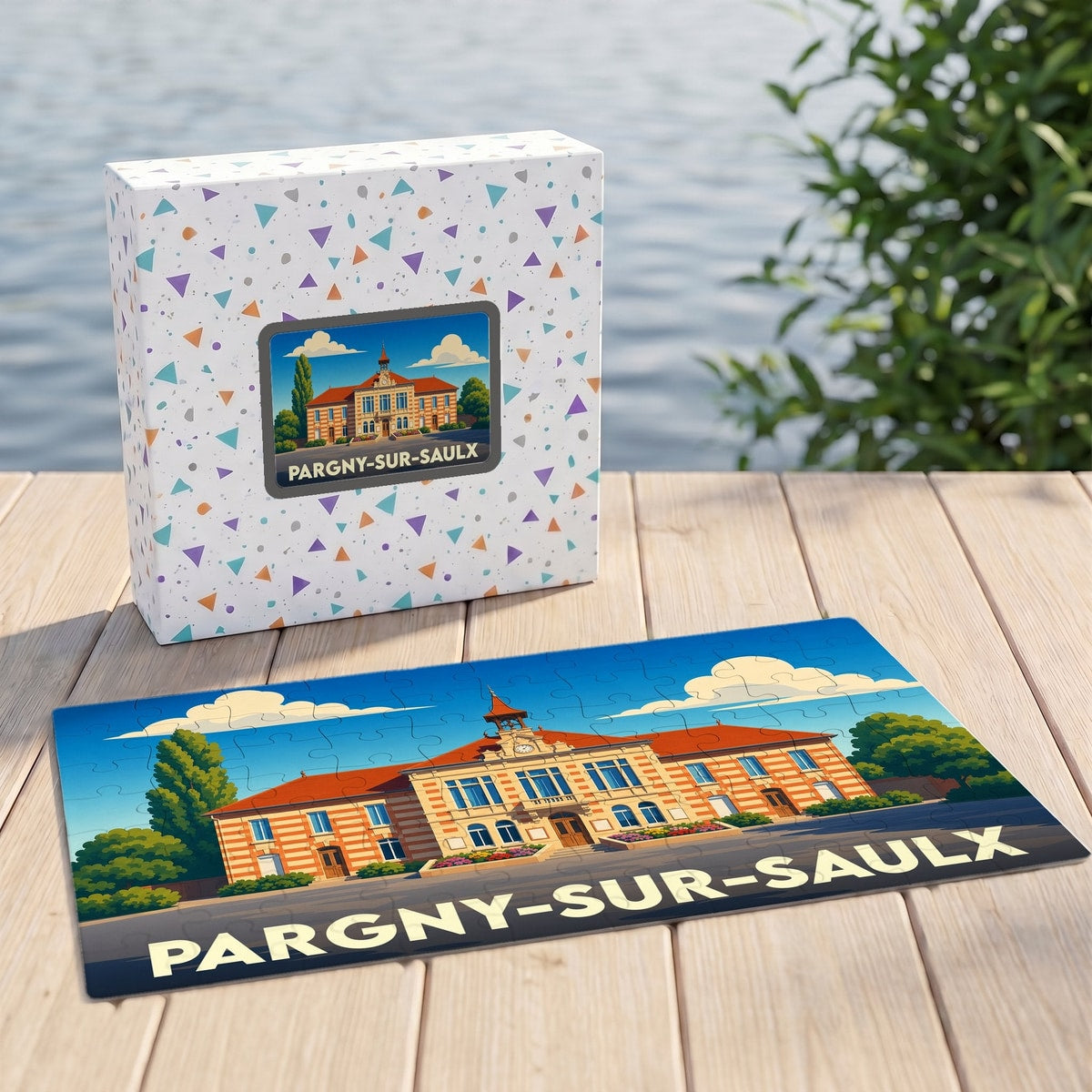 Puzzle souvenir de la ville de Pargny-sur-Saulx avec une illustration stylisée de son hôtel de ville.