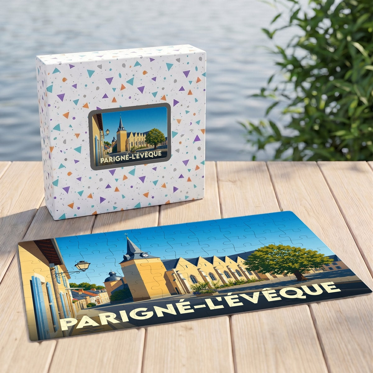 Puzzle souvenir de la ville de Parigné-l'Évêque avec une illustration stylisée et colorée.