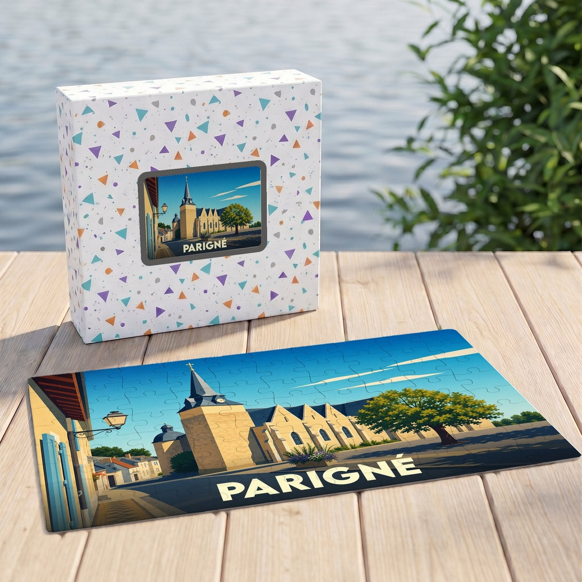 Puzzle souvenir de la ville de Parigné avec une illustration stylisée de son église.