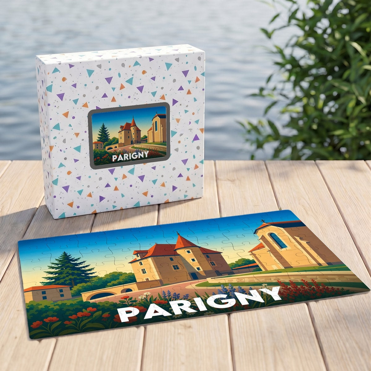Puzzle souvenir de la ville de Parigny avec une illustration stylisée de son patrimoine architectural.