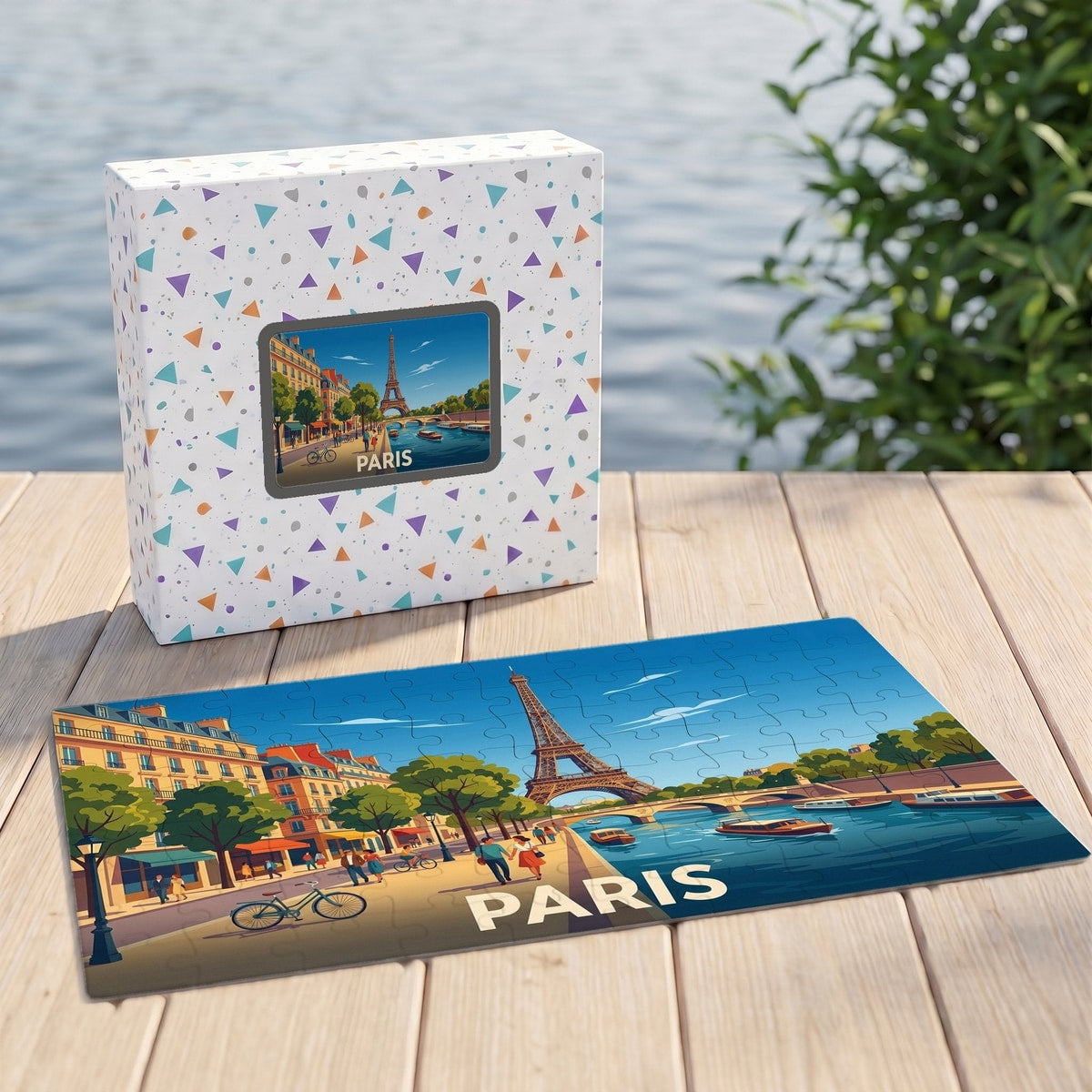 Puzzle souvenir de la ville de Paris illustrant la tour Eiffel et les quais de Seine dans un style coloré.