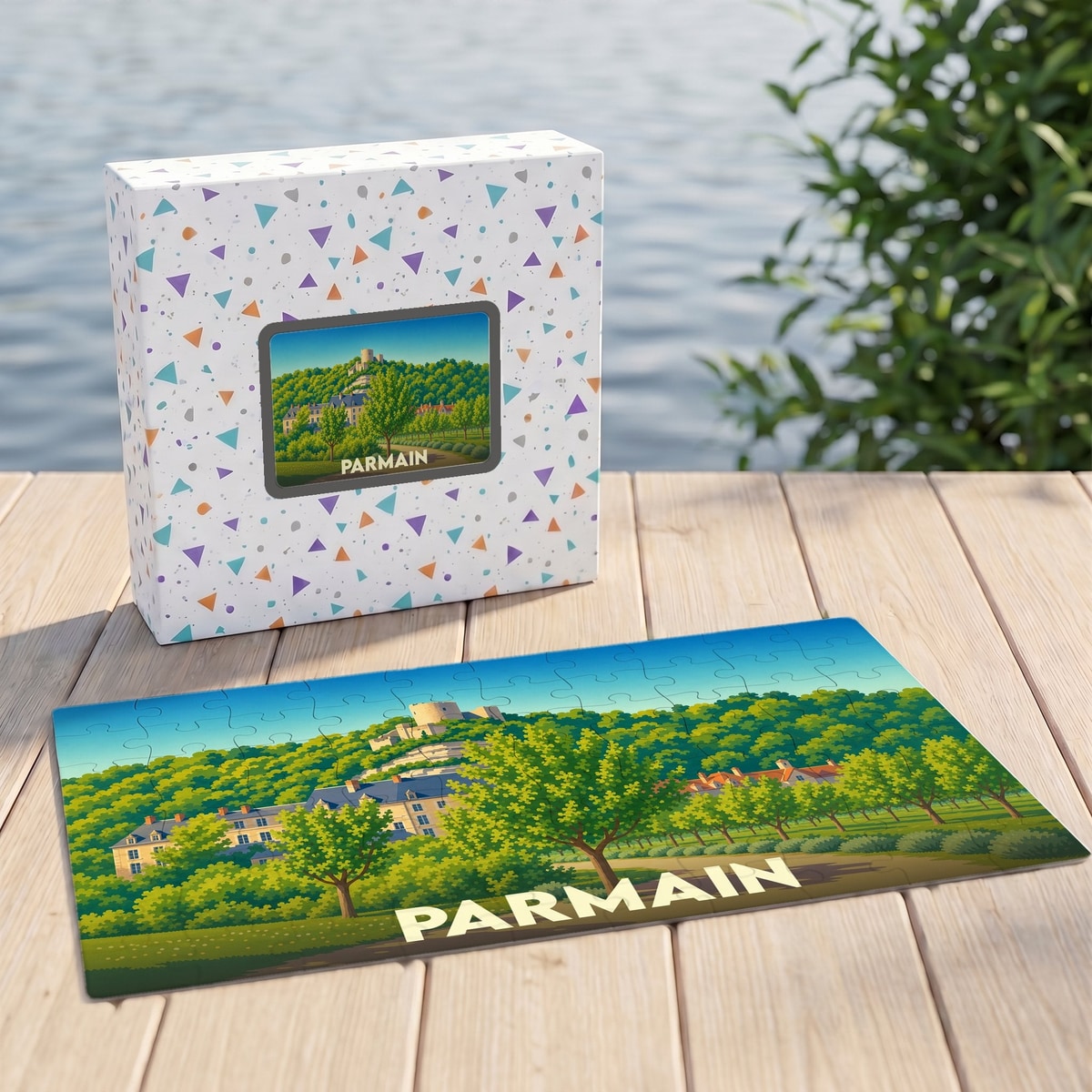 Puzzle souvenir de la ville de Parmain avec une illustration stylisée de son paysage et de ses monuments.