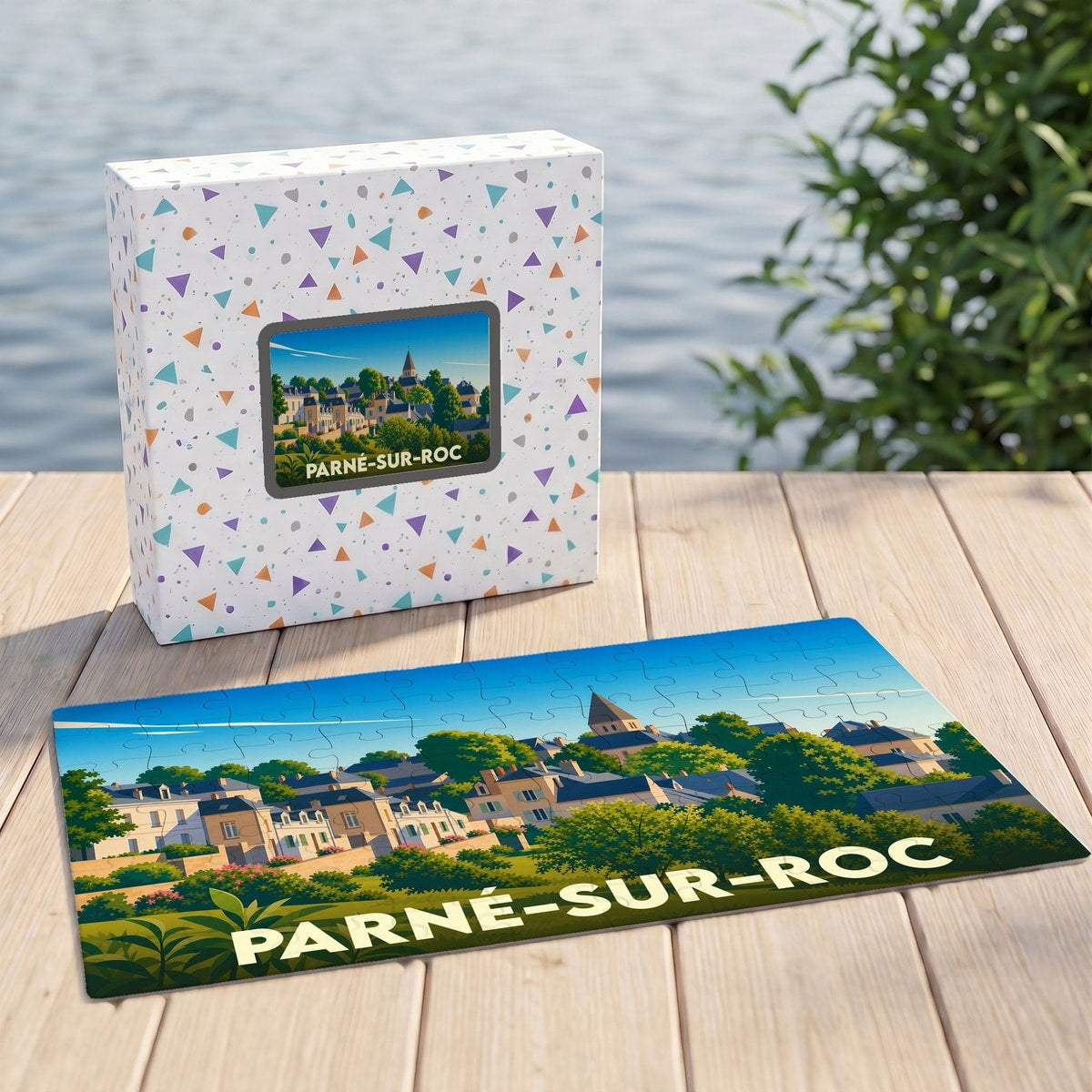 Puzzle souvenir de la ville de Parné-sur-Roc avec une illustration colorée représentant ses maisons et son clocher.