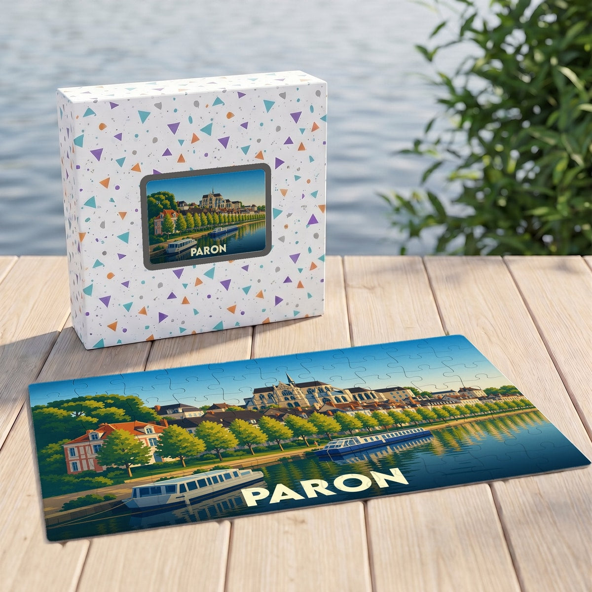 Puzzle souvenir de la ville de Paron avec une illustration stylisée des bords de l'Yonne.
