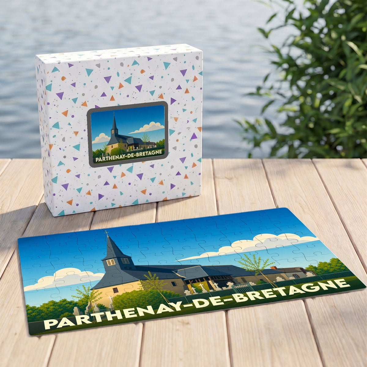 Puzzle souvenir de la ville de Parthenay-de-Bretagne avec une illustration stylisée de son église et de son cimetière.