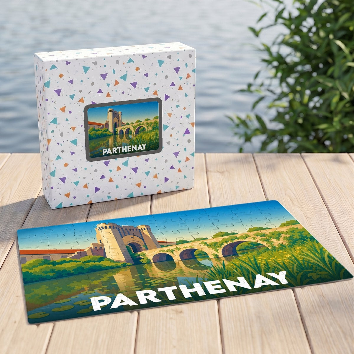 Puzzle souvenir de la ville de Parthenay représentant un pont historique et son château dans un style illustré.