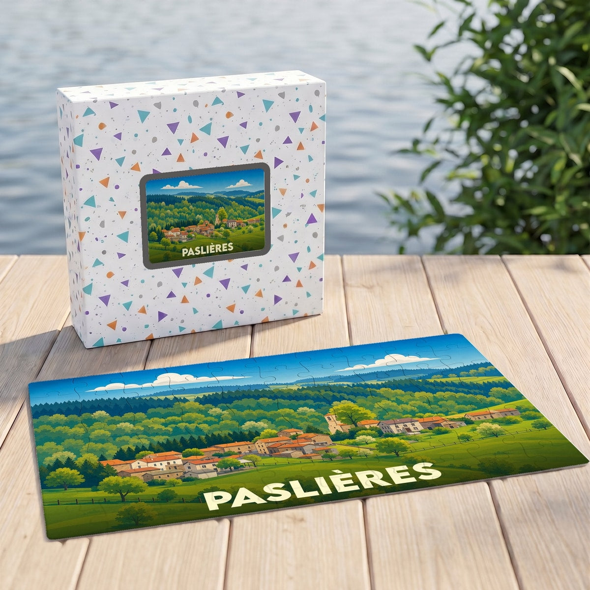 Puzzle souvenir de la ville de Paslières avec une illustration de paysage rural.