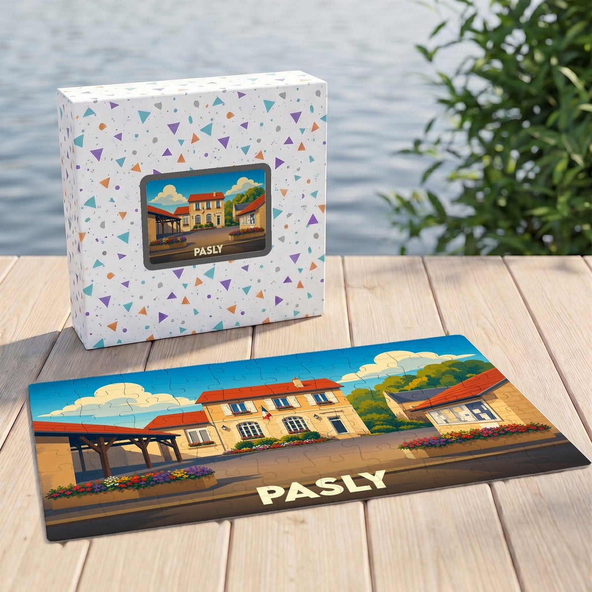 Puzzle souvenir de la ville de Pasly avec une illustration stylisée d'un village ensoleillé.