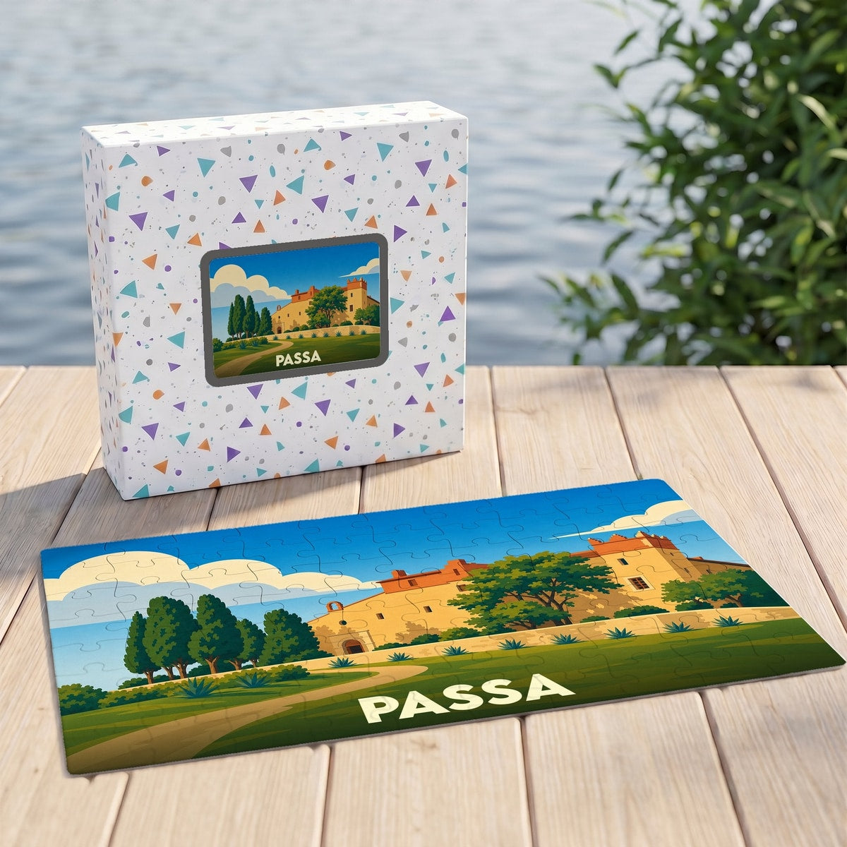 Puzzle souvenir de la ville de Passa représentant une illustration stylisée d'un paysage méditerranéen.