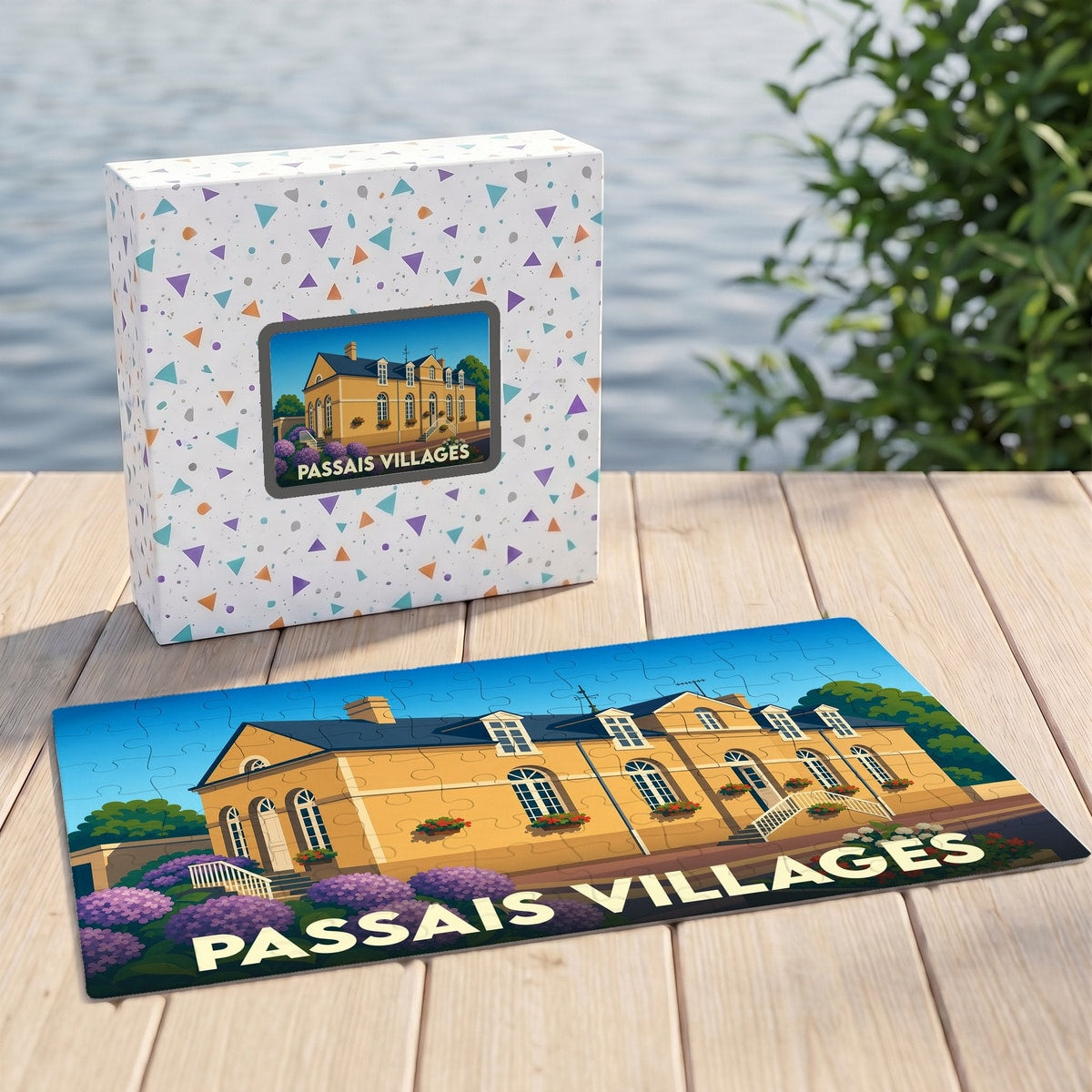 Puzzle souvenir de la ville de Passais Villages avec une illustration stylisée d'un bâtiment historique.