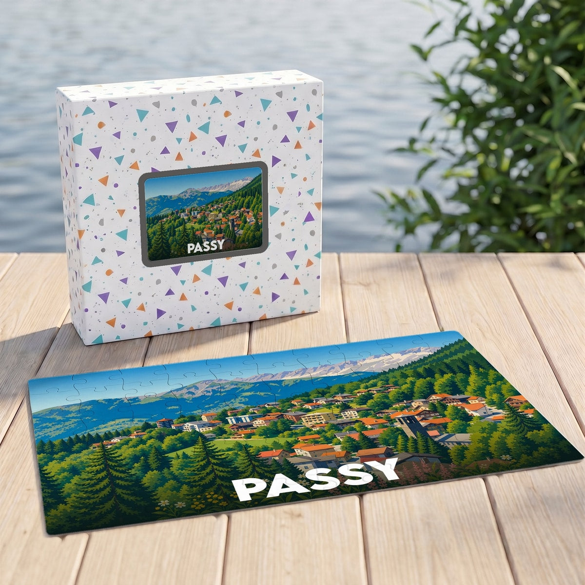 Puzzle souvenir de la ville de Passy illustrant un paysage de montagne verdoyant avec ses habitations.