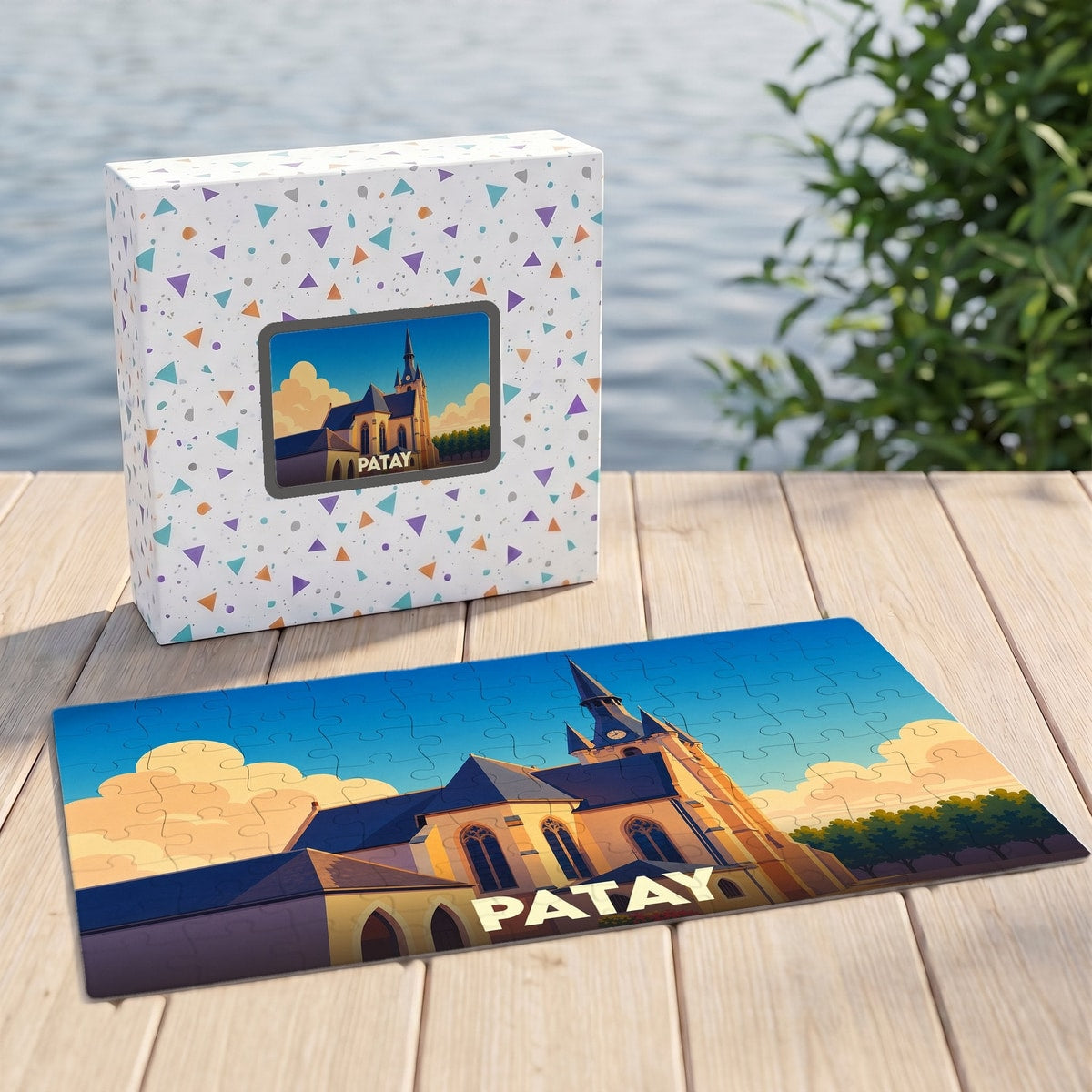Puzzle souvenir de la ville de Patay avec une illustration stylisée de son église au coucher du soleil.