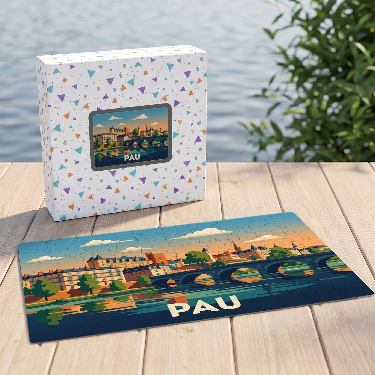 Puzzle souvenir de la ville de Pau présentant une illustration stylisée de son château et de son pont au bord de l'eau.