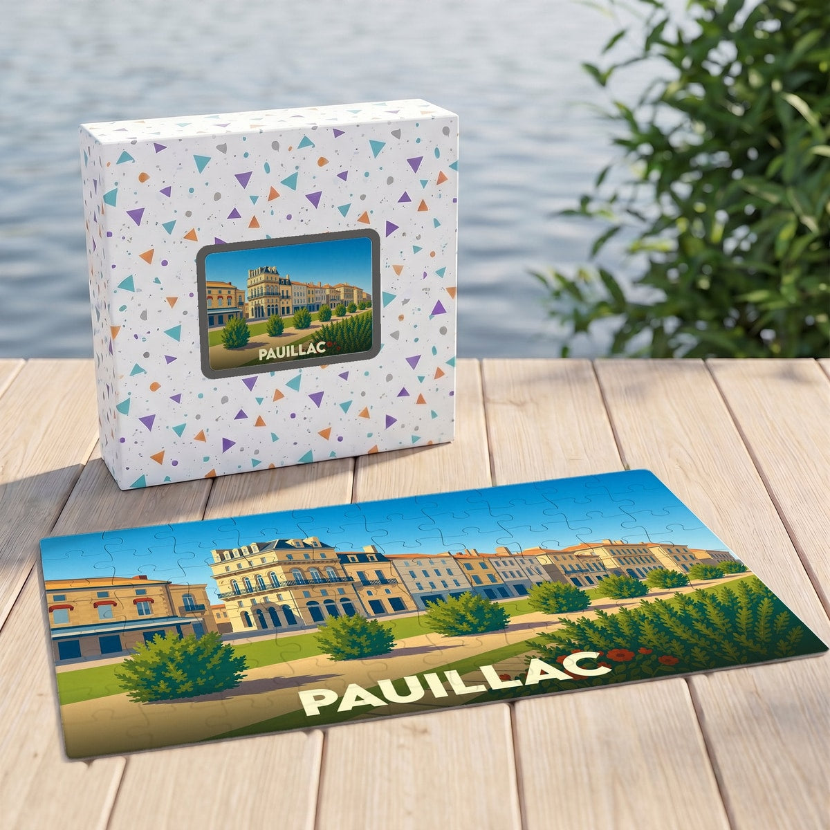 Puzzle souvenir de la ville de Pauillac illustré par une vue panoramique des quais.