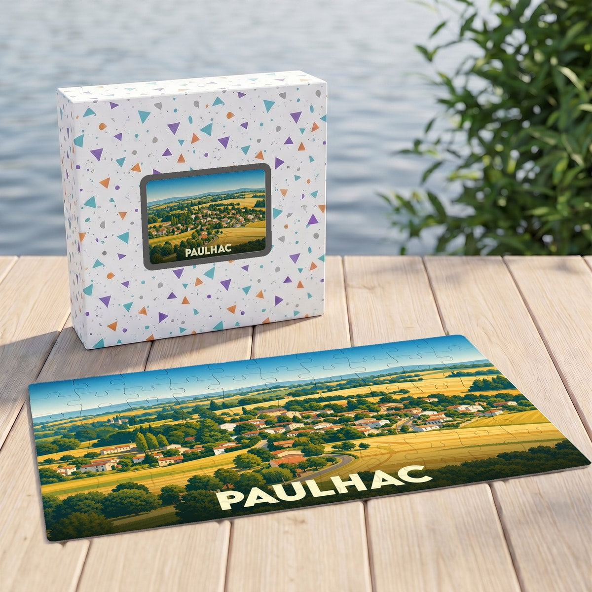 Puzzle souvenir de la ville de Paulhac illustrant un paysage rural aux couleurs chaleureuses.