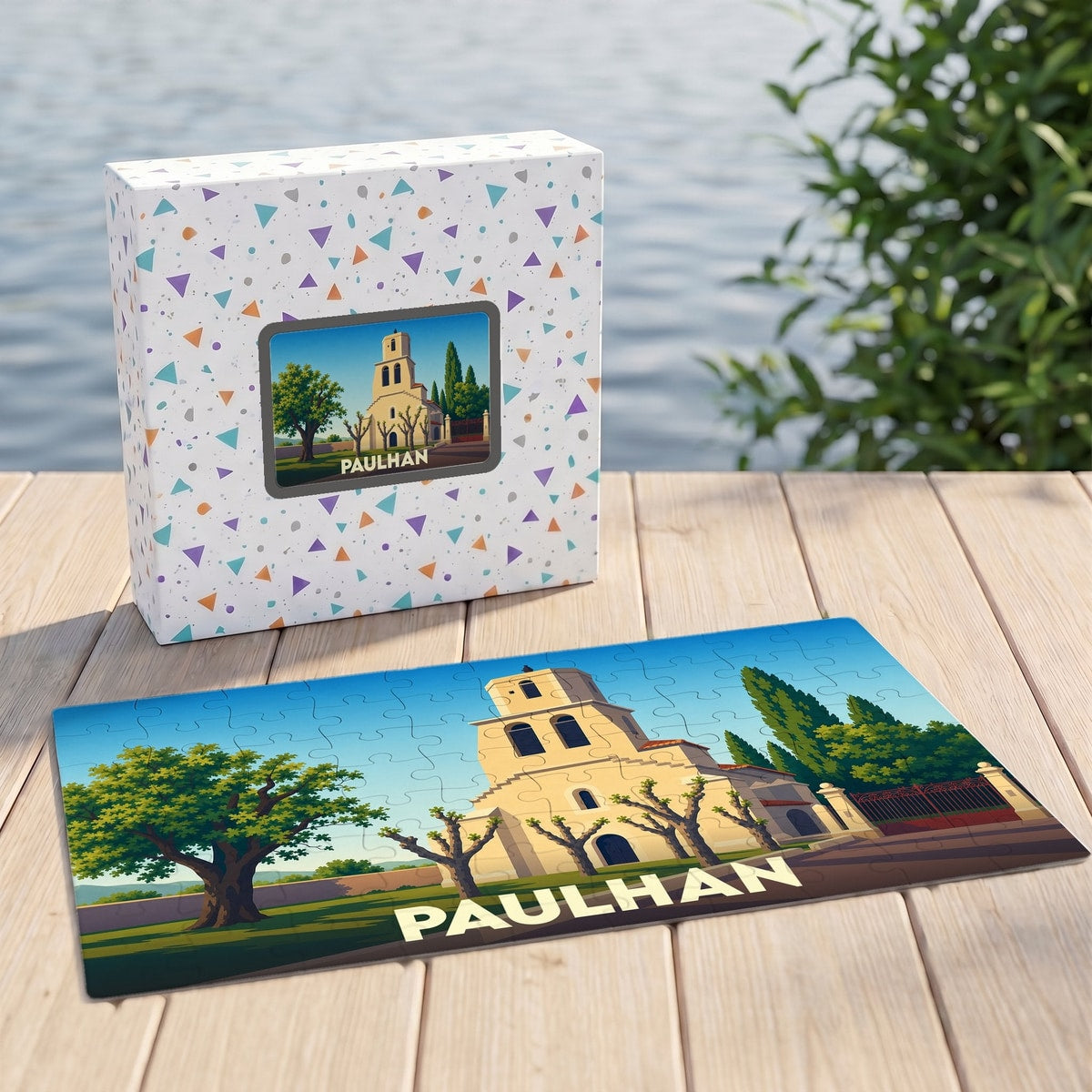 Puzzle souvenir de la ville de Paulhan avec une illustration stylisée d'un bâtiment historique.