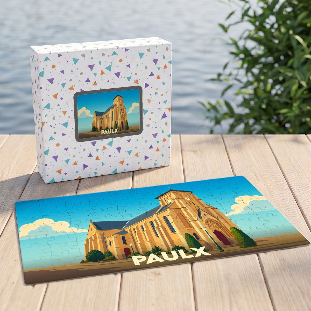 Puzzle souvenir de la ville de Paulx avec une illustration stylisée de son église.
