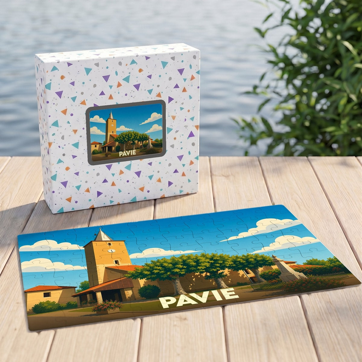 Puzzle souvenir de la ville de Pavie avec une illustration stylisée et colorée.