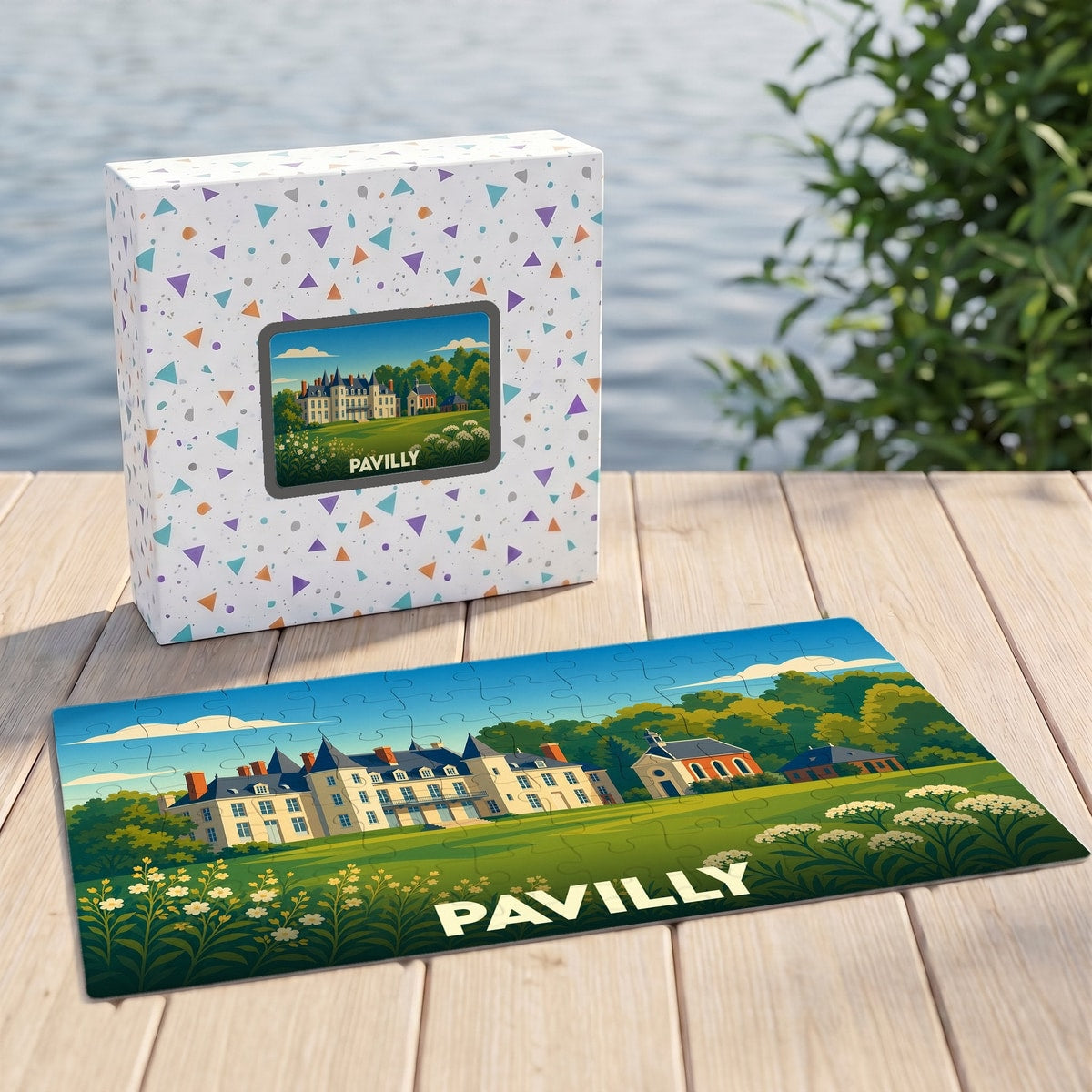 Puzzle souvenir de la ville de Pavilly avec une illustration stylisée d'un château.