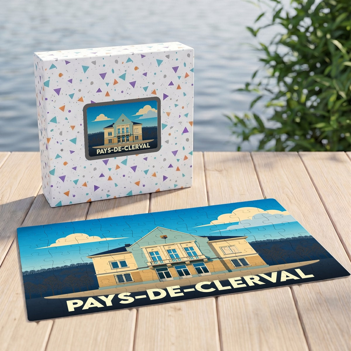 Puzzle souvenir de la ville de Pays-de-Clerval avec son coffret illustré.