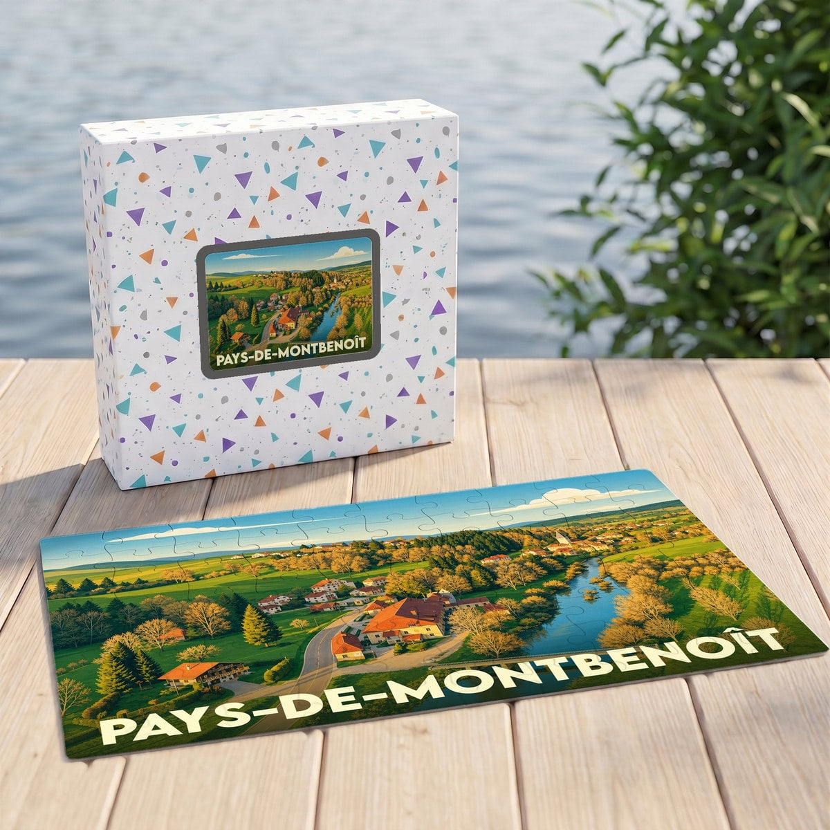 Puzzle souvenir de la ville de Pays-de-Montbenoît avec une illustration de paysage champêtre.
