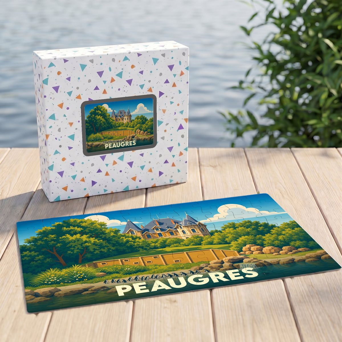 Puzzle souvenir de la ville de Peaugres avec une illustration stylisée d'un château et de manchots.