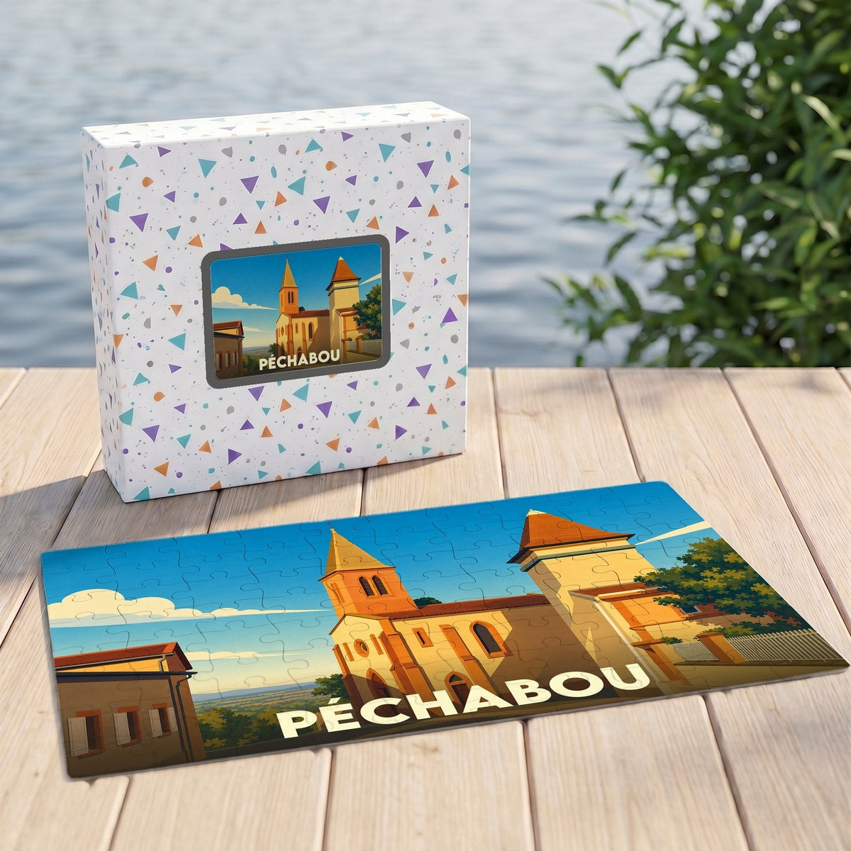 Puzzle souvenir de la ville de Péchabou avec une illustration stylisée de son église et de son paysage.