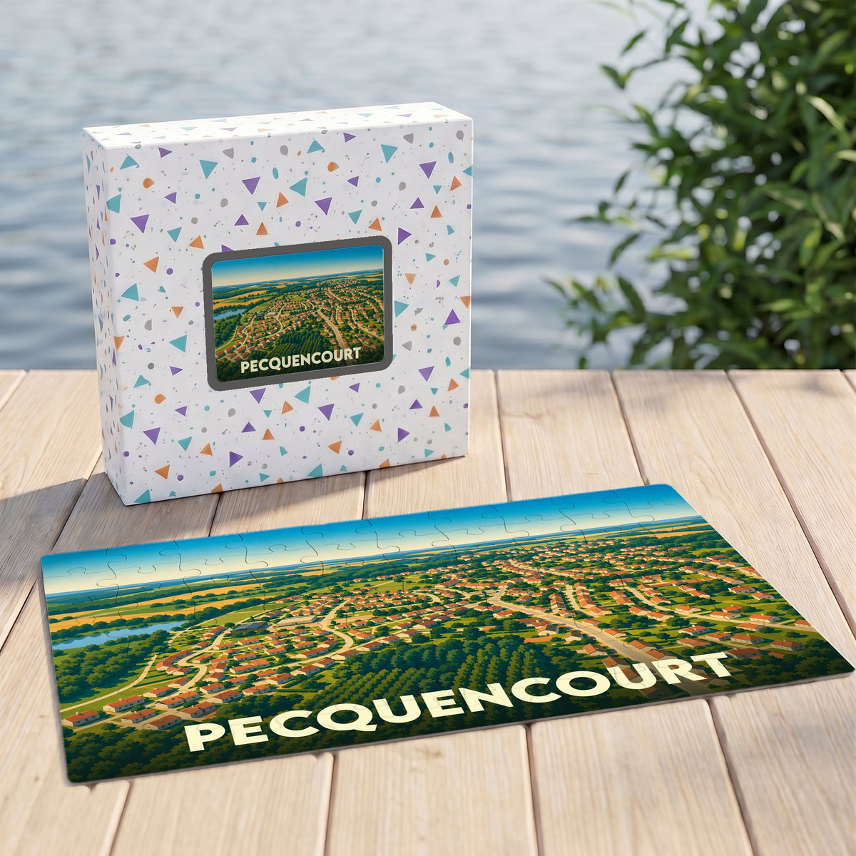 Puzzle souvenir de la ville de Pecquencourt avec une illustration aérienne stylisée.