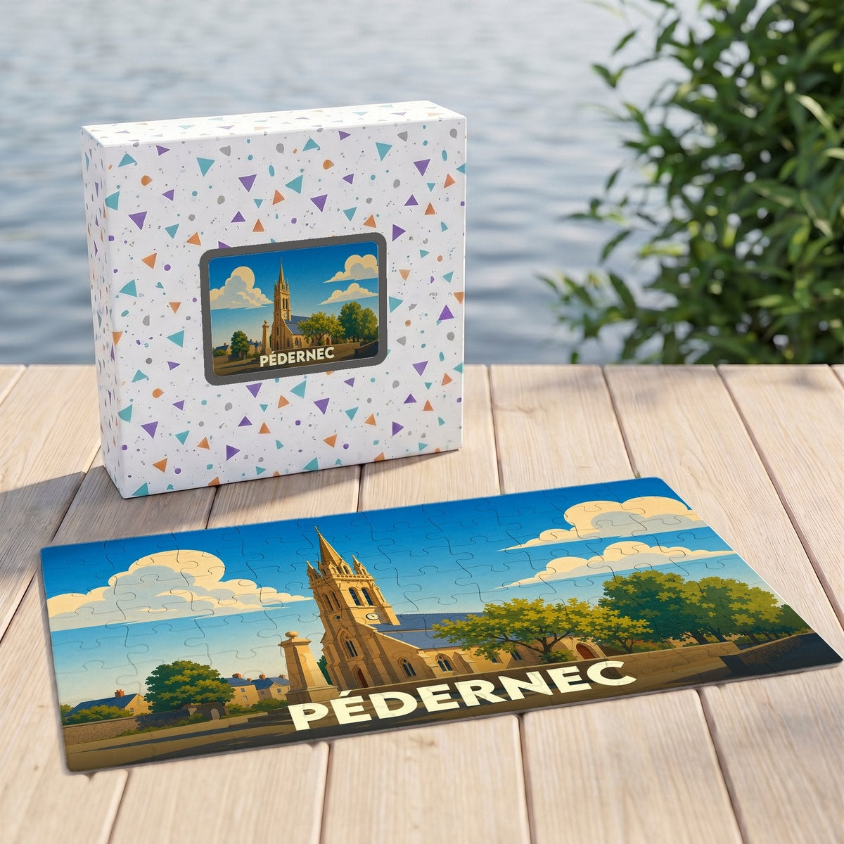 Puzzle souvenir de la ville de Pédernec avec une illustration stylisée de son église.