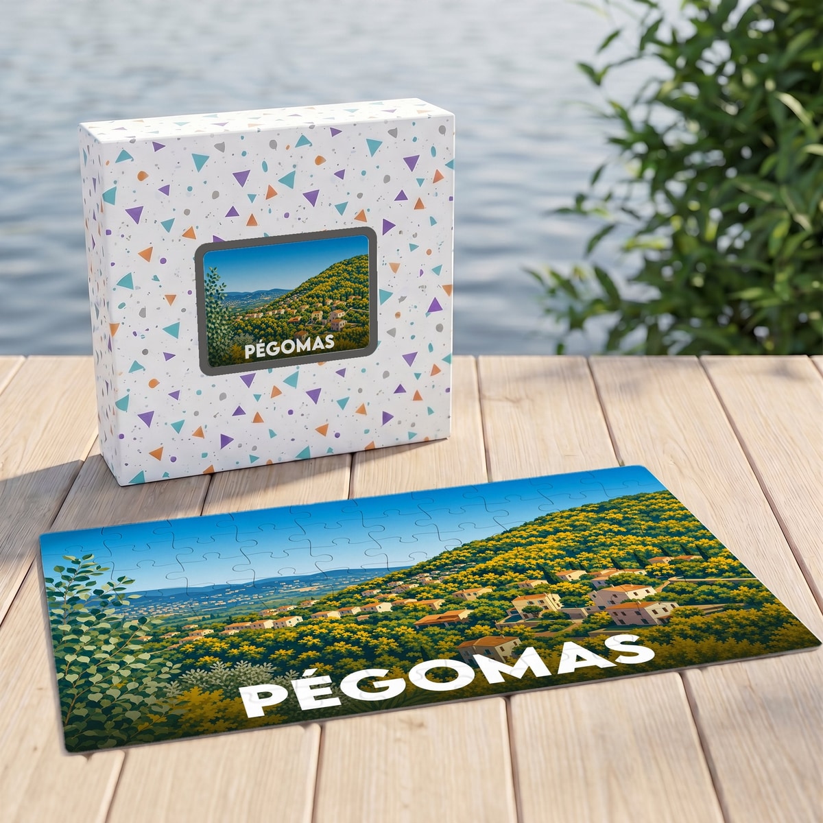 Puzzle souvenir de la ville de Pégomas illustrant un paysage vallonné et fleuri.