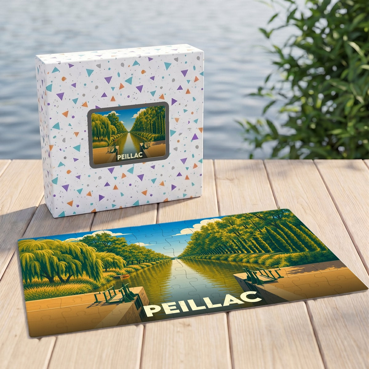 Puzzle souvenir de la ville de Peillac illustrant un canal verdoyant au style graphique épuré.