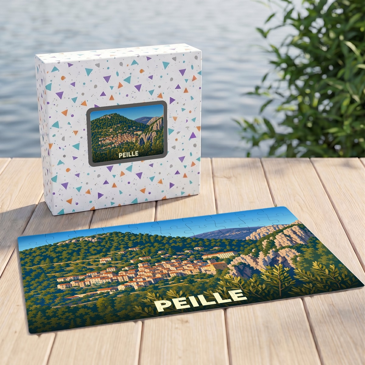 Puzzle souvenir de la ville de Peille avec une illustration stylisée de son village perché dans les montagnes.
