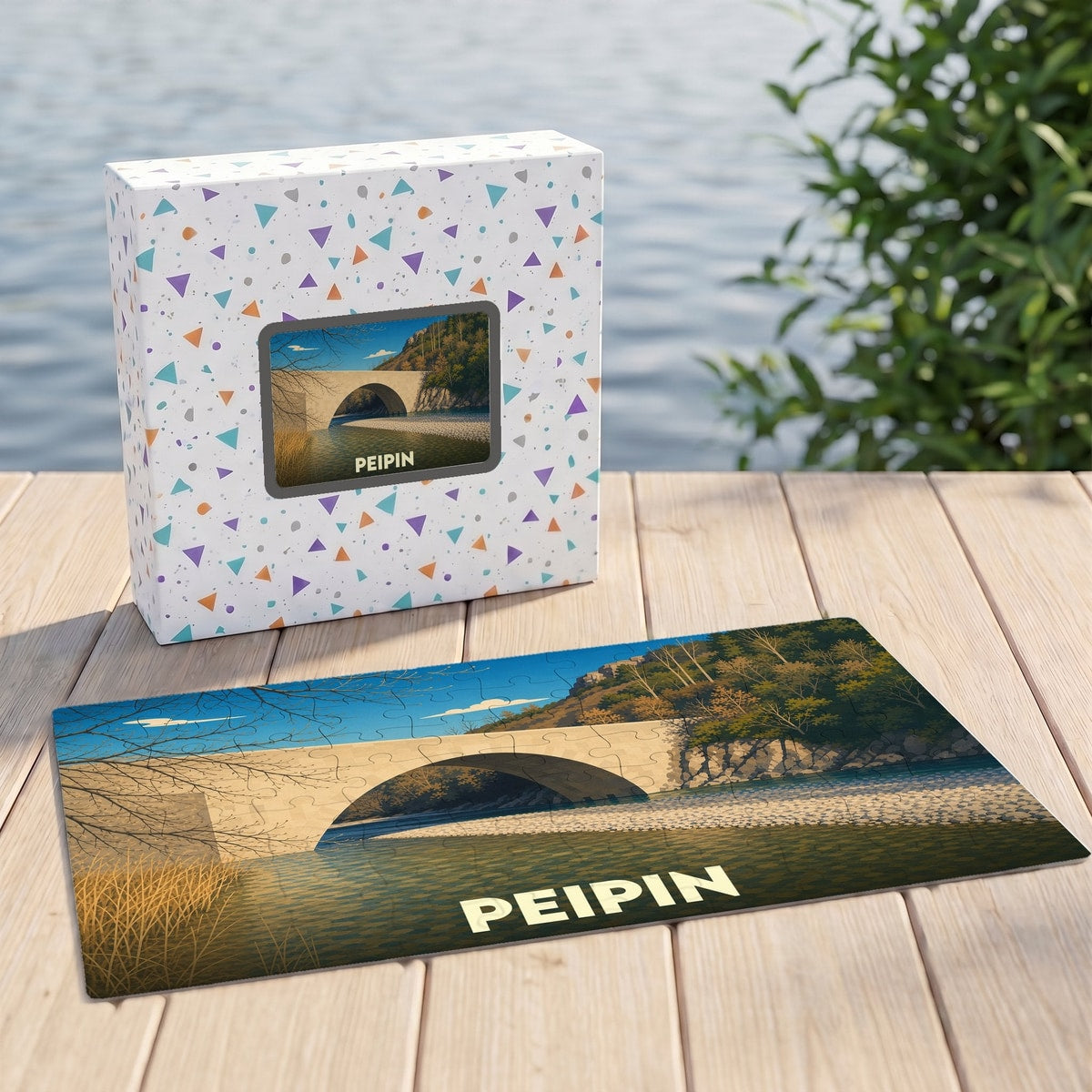 Puzzle souvenir de la ville de Peipin avec une illustration stylisée d'un pont de pierre.
