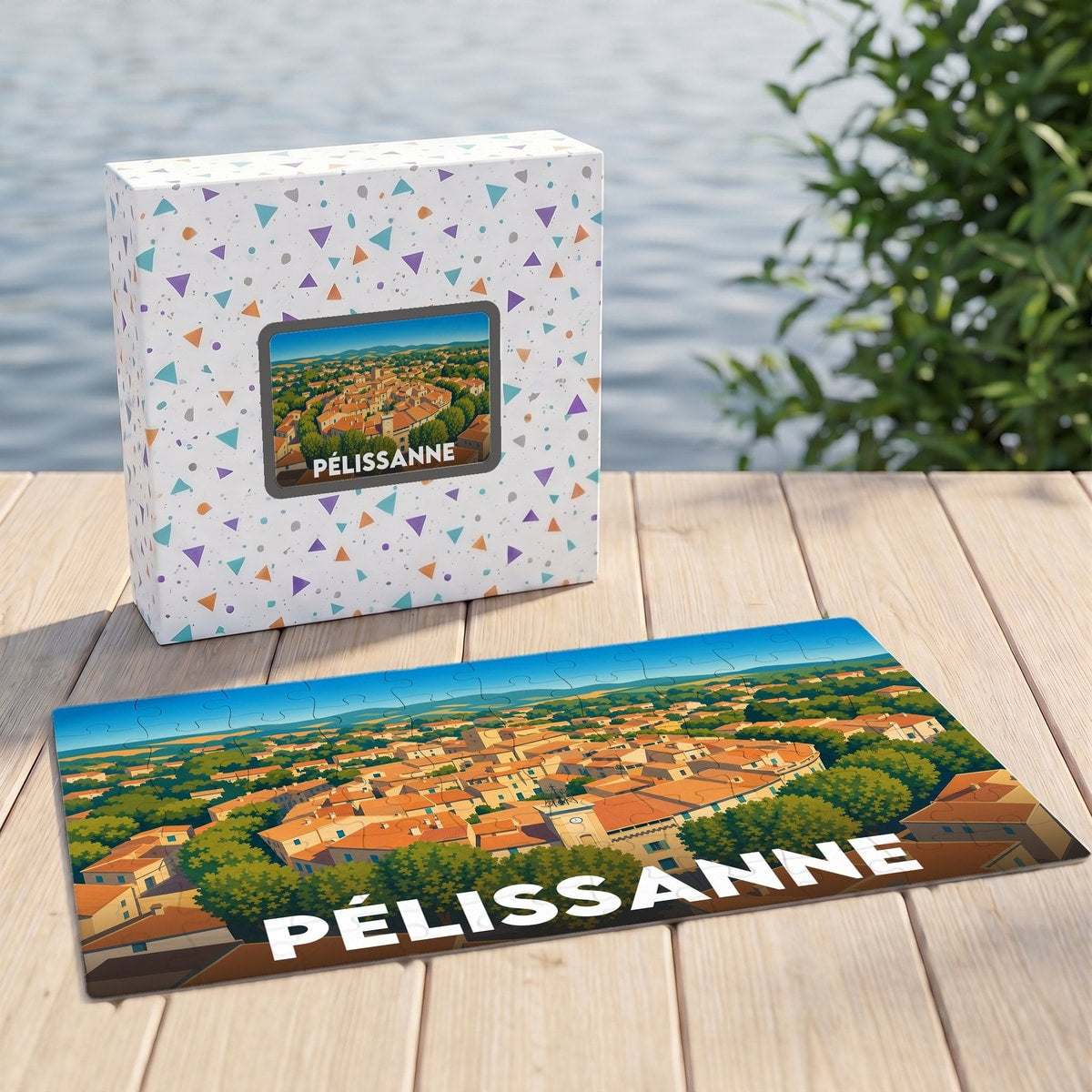 Puzzle souvenir de la ville de Pélissanne avec une illustration panoramique stylisée.