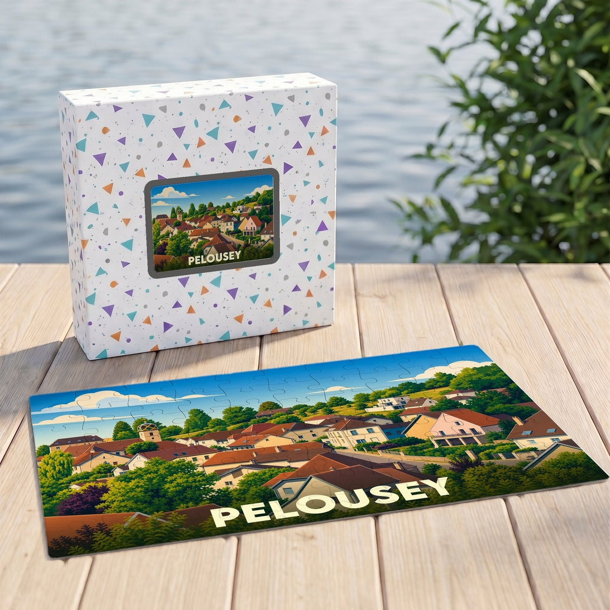 Puzzle souvenir de la ville de Pelousey illustré d'un paysage urbain coloré et verdoyant.