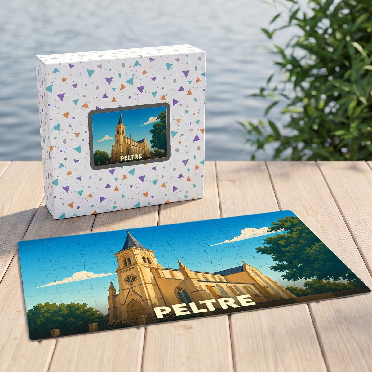 Puzzle souvenir de la ville de Peltre avec une illustration stylisée de son église.