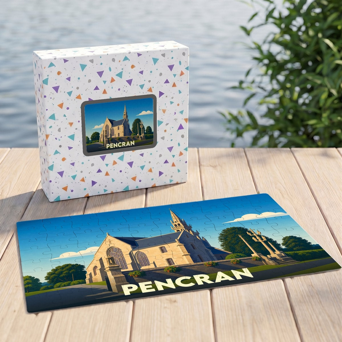 Puzzle souvenir de la ville de Pencran avec une illustration stylisée de son église.