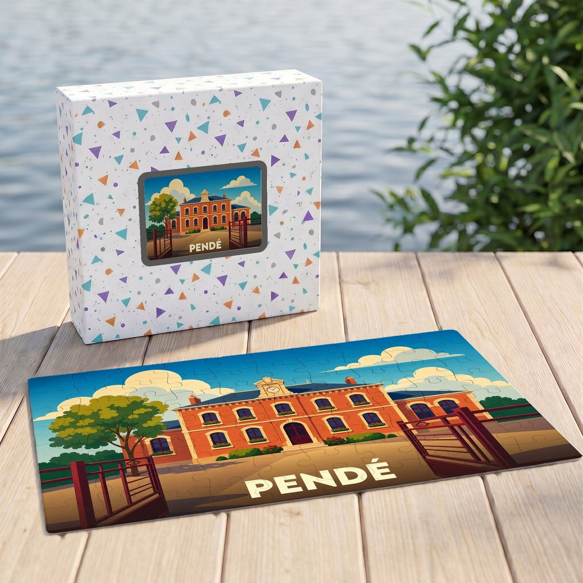 Puzzle souvenir de la ville de Pendé avec une illustration stylisée.