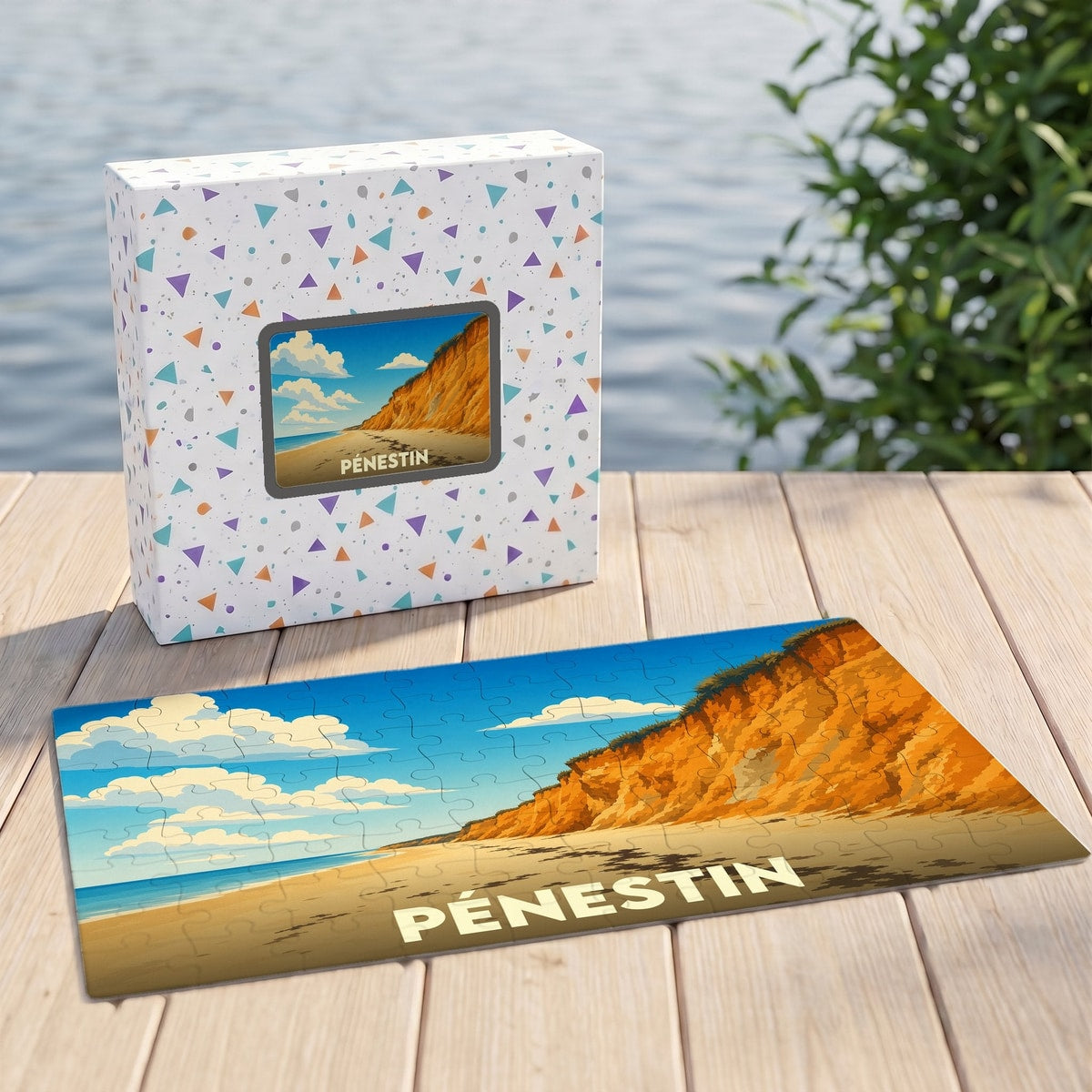 Puzzle souvenir de la ville de Pénestin représentant une illustration stylisée de ses falaises dorées.
