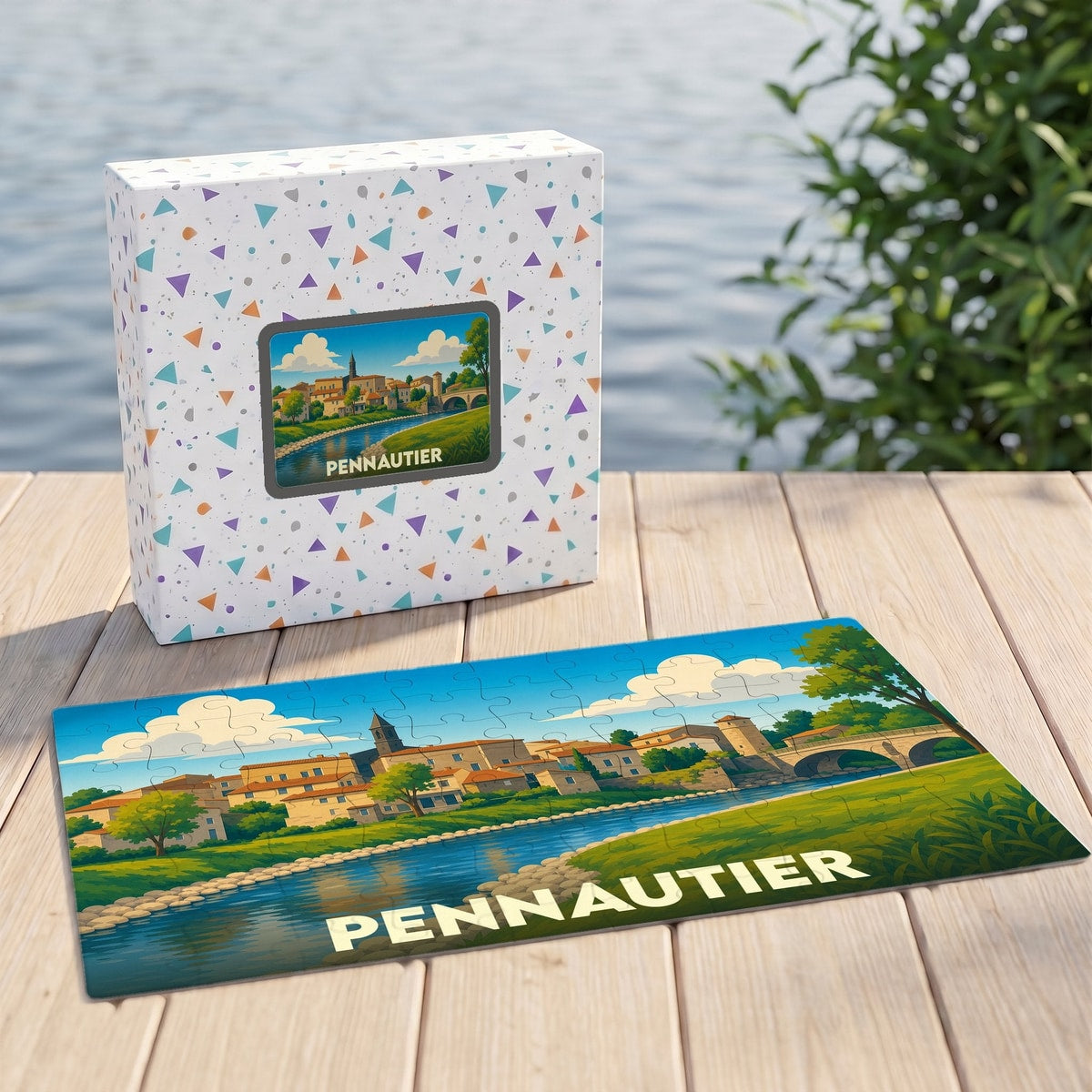 Puzzle souvenir de la ville de Pennautier avec une illustration stylisée d'un paysage fluvial.