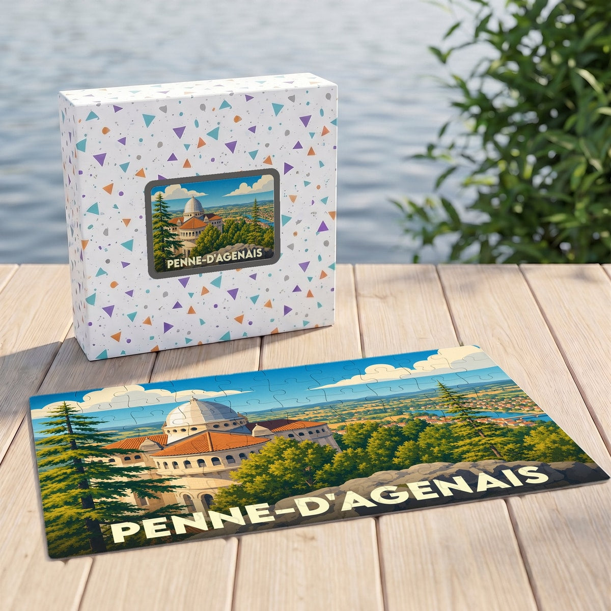 Puzzle souvenir de la ville de Penne-d'Agenais avec une illustration panoramique stylisée.