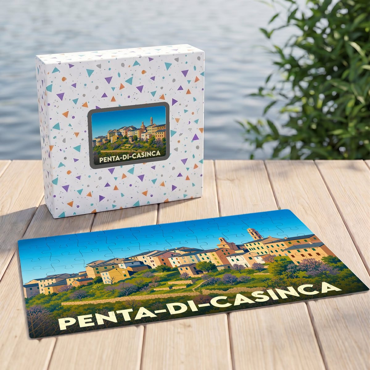 Puzzle souvenir de la ville de Penta-di-Casinca avec une illustration stylisée et colorée.