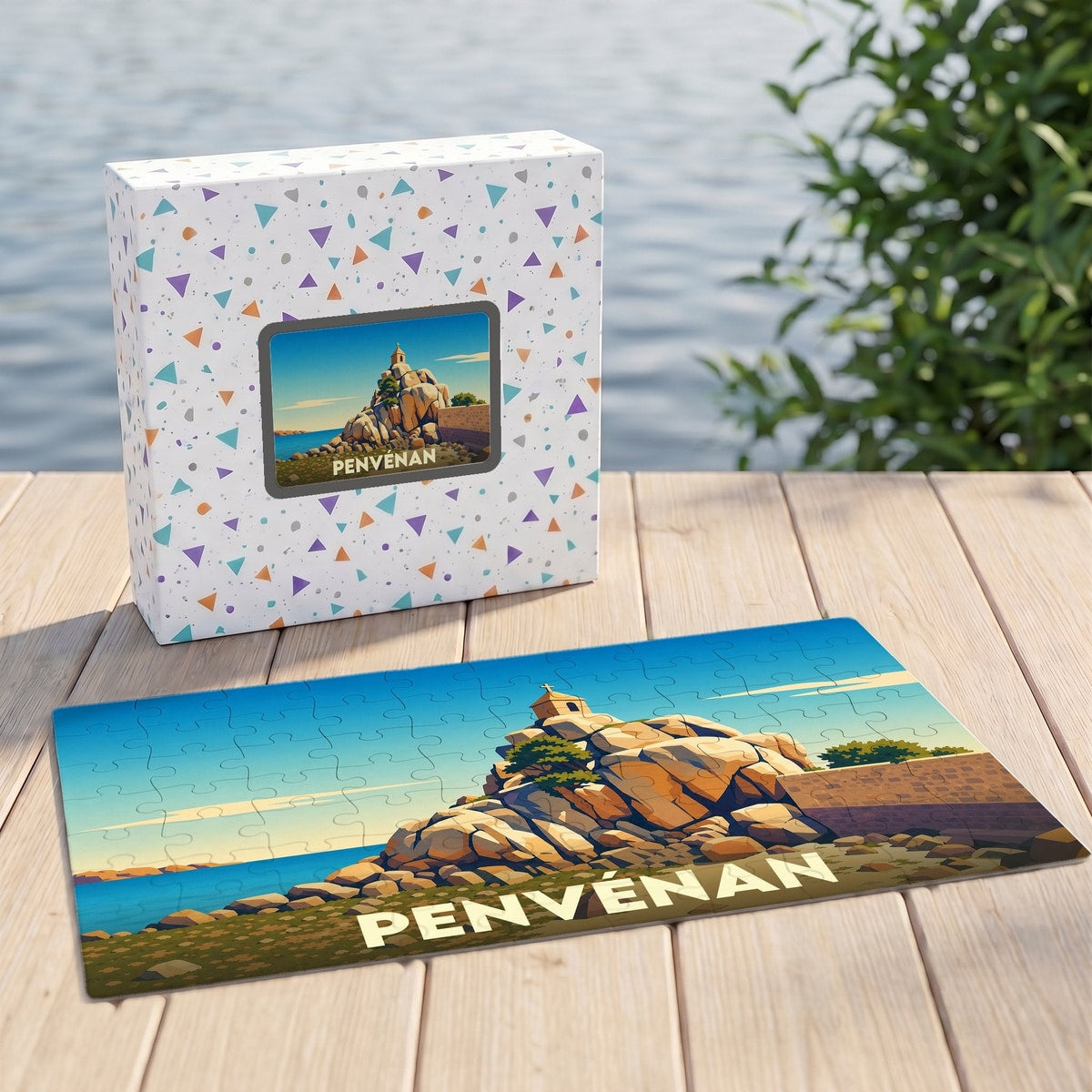 Puzzle souvenir de la ville de Penvénan avec une illustration stylisée d'un littoral rocheux.