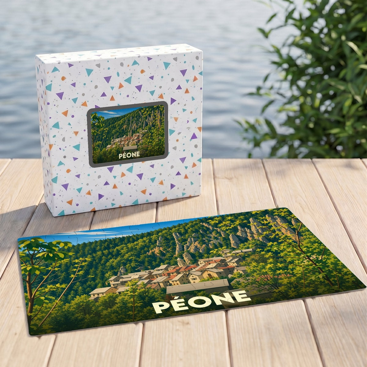 Puzzle souvenir de la ville de Péone avec une illustration stylisée de son village niché dans la montagne.