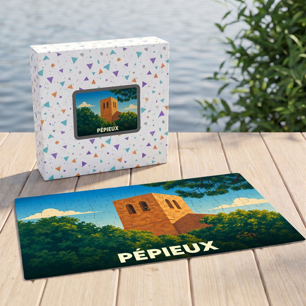 Puzzle souvenir de la ville de Pépieux avec une illustration stylisée d'un clocher.