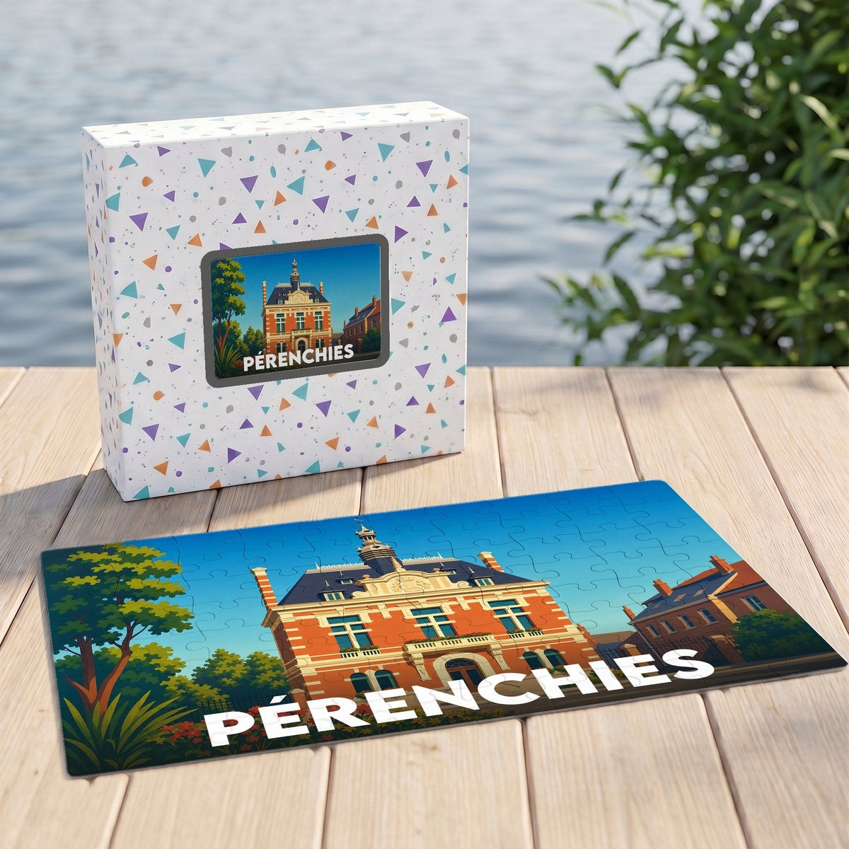 Puzzle souvenir de la ville de Pérenchies avec une illustration stylisée de son hôtel de ville.