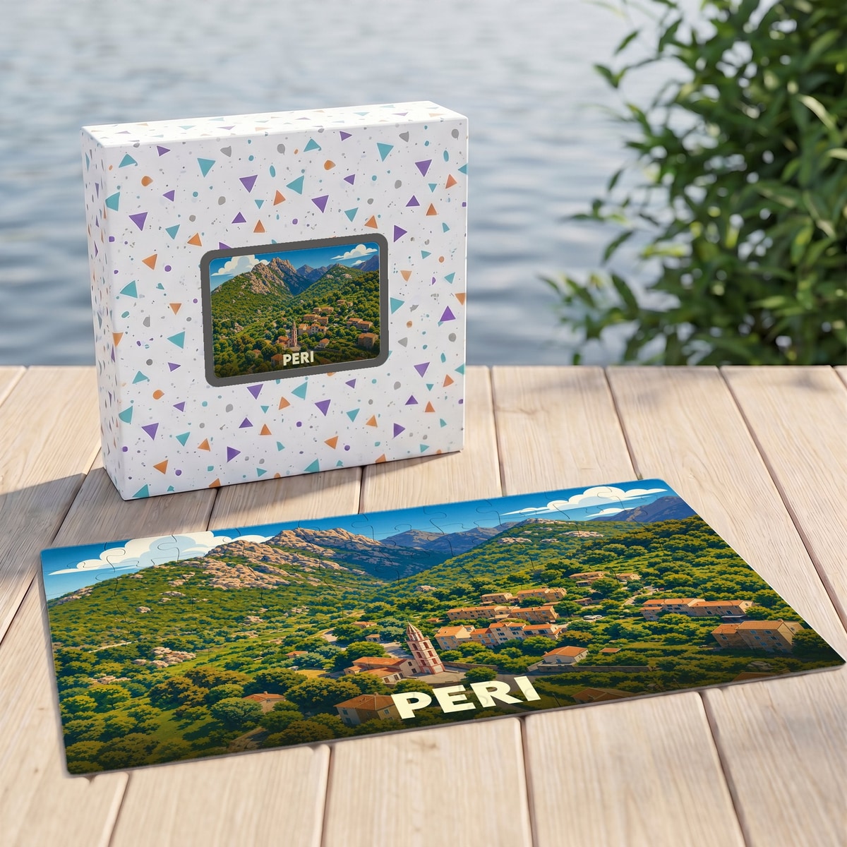 Puzzle souvenir de la ville de Peri avec une illustration panoramique de ses collines verdoyantes.