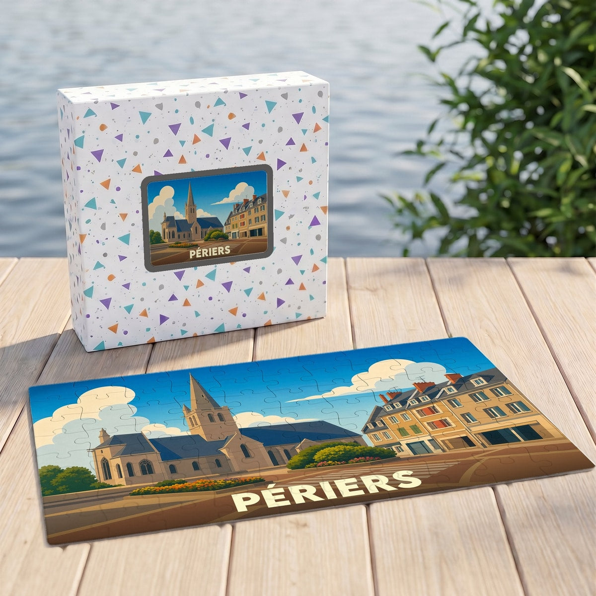 Puzzle souvenir de la ville de Périers avec une illustration stylisée.