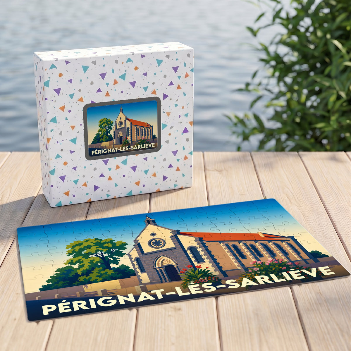 Puzzle souvenir de la ville de Pérignat-lès-Sarliève avec une illustration stylisée de son église.